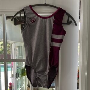 Grey and maroon gymnastics leotard